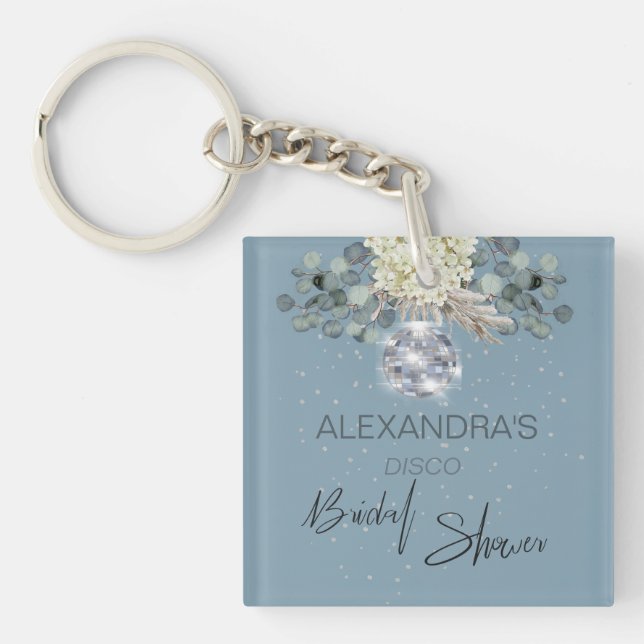 Dusty Blue Floral Disco Ball Bridal Shower Keychain (Front)