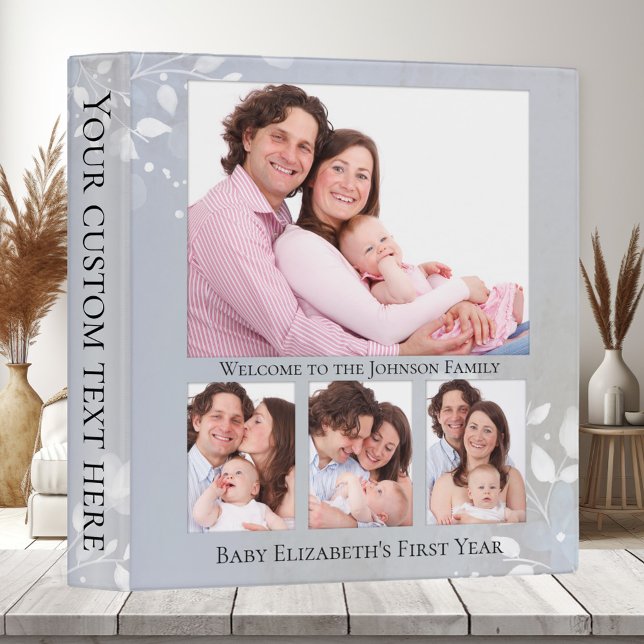 Dusty Blue Floral Dream Baby Photo Binder (Elegant binder featuring your own photos framed by a dusty blue and dreamy grey floral art design)