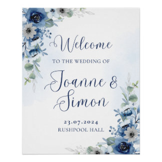 Dusty Blue Floral Editable Wedding Welcome Sign