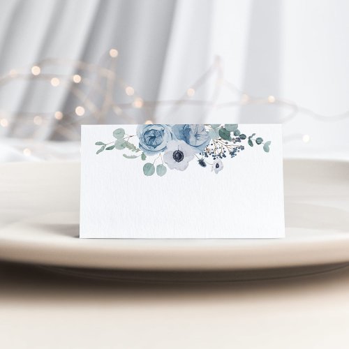 Dusty blue floral elegant anemone wedding place card