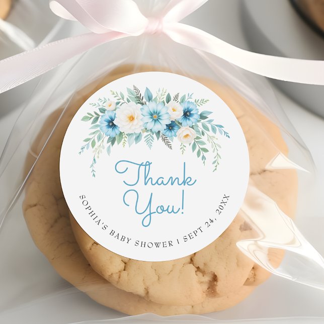 Dusty Blue Floral Elegant Baby Shower Thank You Classic Round Sticker (Creator Uploaded)