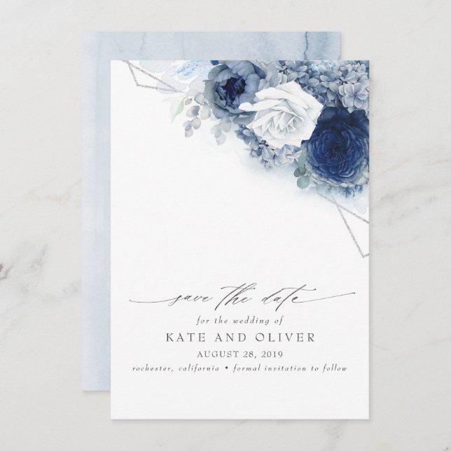 Dusty Blue Floral Elegant Botanical Save the Date Announcement (Front/Back)