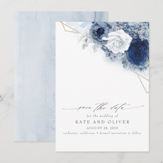 Dusty Blue Floral Elegant Botanical Save the Date Announcement (Front/Back)