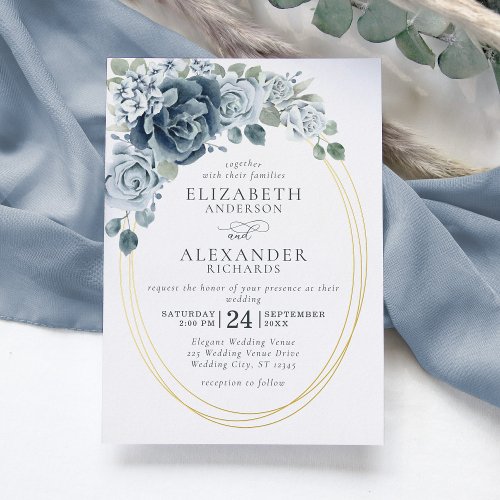 Dusty Blue Floral Elegant Botanical Wedding Gold Foil Invitation