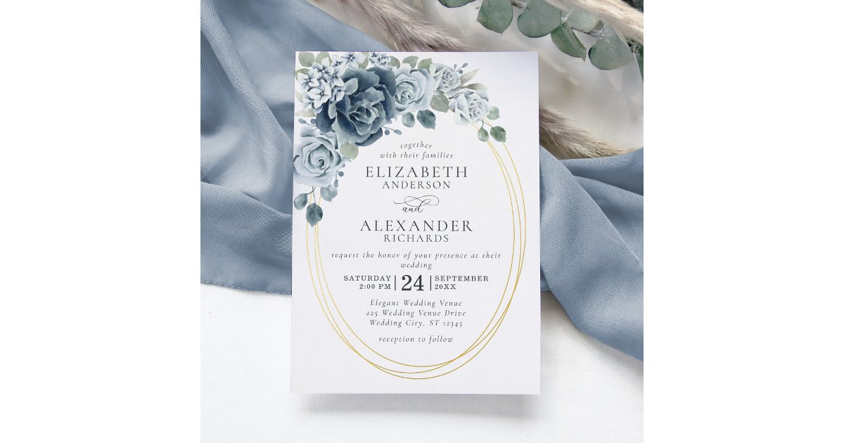 Dusty Blue Floral Elegant Botanical Wedding Gold Foil Invitation | Zazzle