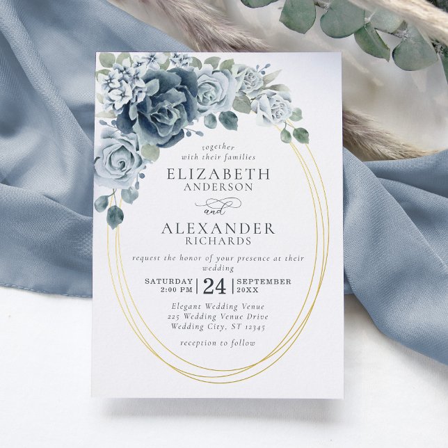 Dusty Blue Floral Elegant Botanical Wedding Gold Foil Invitation (Creator Uploaded)