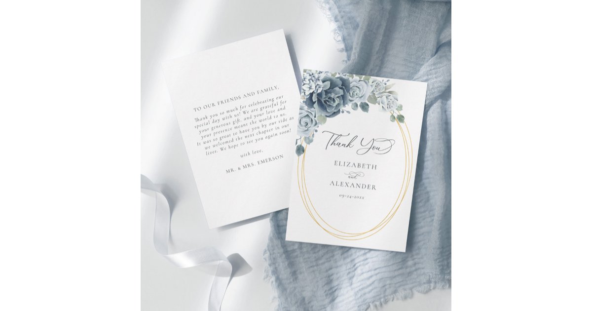 Dusty Blue Floral Elegant Botanical Wedding Thank You Card | Zazzle