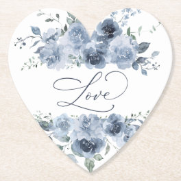 Dusty Blue Floral Elegant Bridal Shower Love Paper Coaster