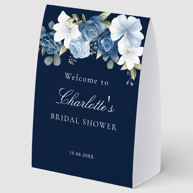 Dusty Blue Floral Elegant Bridal Shower Paper Table Tent (Front)