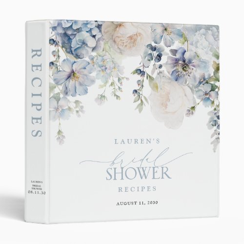 Dusty Blue Floral Elegant Bridal Shower Recipe 3 Ring Binder