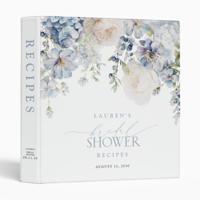Dusty Blue Floral Elegant Bridal Shower Recipe 3 Ring Binder (Front/Spine)