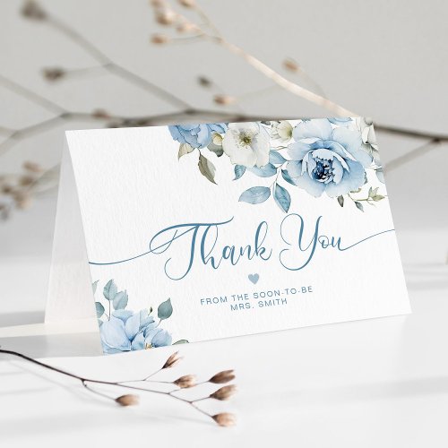 Dusty blue floral elegant bridal shower thank you