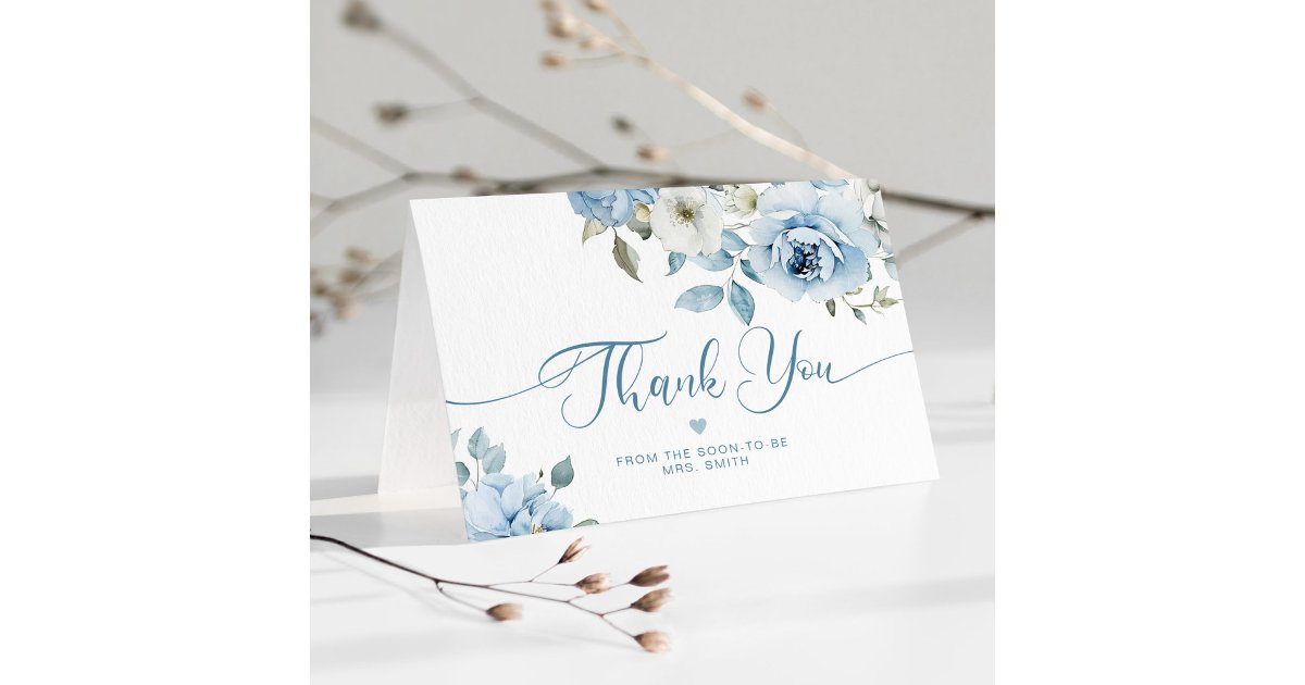 Dusty blue floral elegant bridal shower thank you card | Zazzle