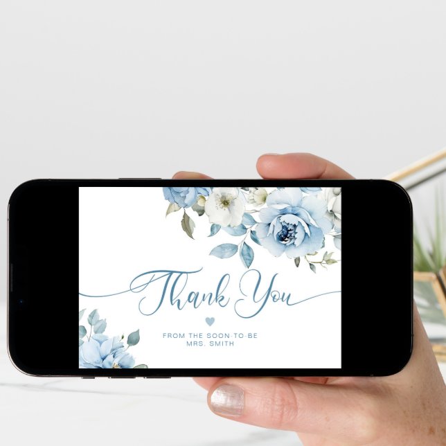 Dusty blue floral elegant bridal thank you card (Front Digital)