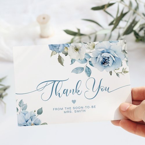 Dusty blue floral elegant bridal thank you card