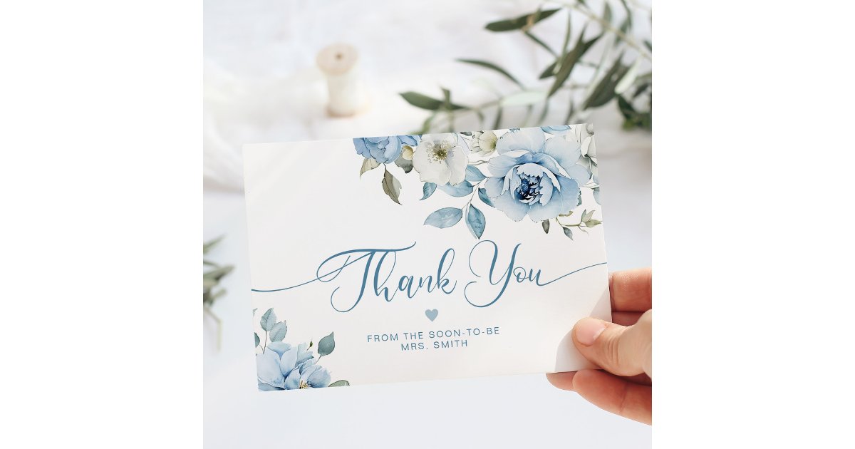 Dusty blue floral elegant bridal thank you card | Zazzle