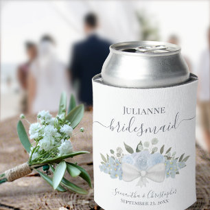 Dusty Blue Floral Elegant Bridesmaid Wedding Can Cooler