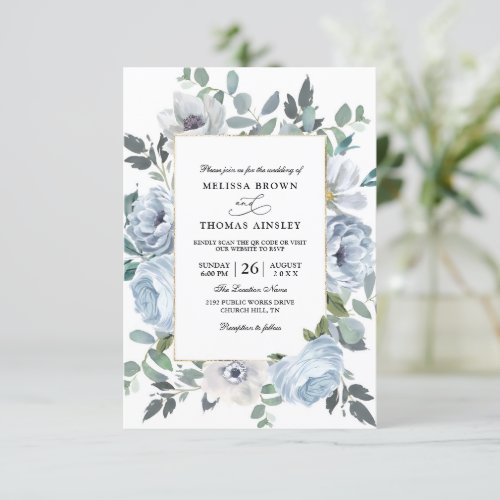 Dusty Blue Floral Elegant Budget QR Code Wedding Invitation