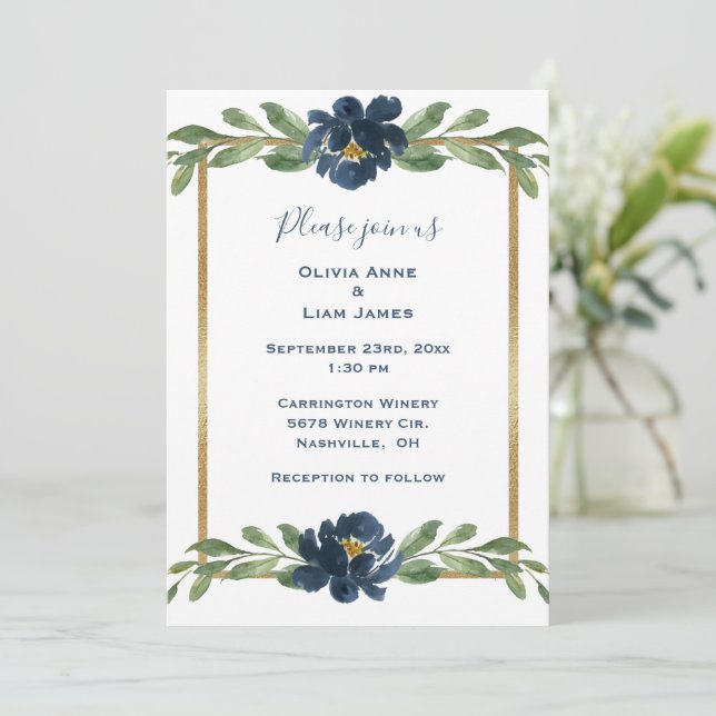 Dusty Blue Floral Elegant Floral Gold Wedding Invitation (Standing Front)