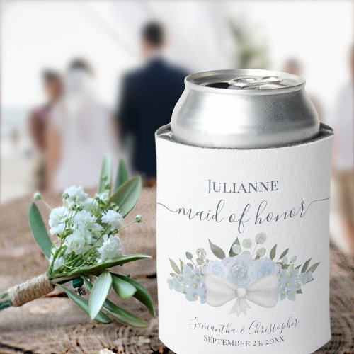 Dusty Blue Floral Elegant Maid of Honor Wedding Can Cooler