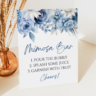 Dusty Blue Floral Elegant Modern Mimosa Bar Pedestal Sign