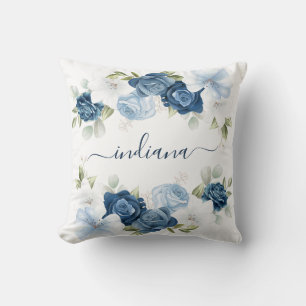 Dusty Blue Floral Elegant Monogram Throw Pillow