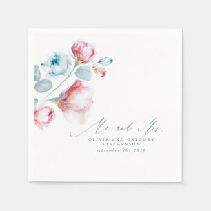 Dusty Blue Floral Elegant Mr and Mrs Wedding Napkins