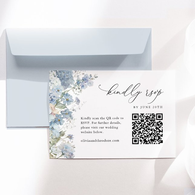 Dusty Blue Floral Elegant QR Code Wedding RSVP Card (Dusty blue floral wedding RSVP card QR code watercolor elegant response card wedding stationery)