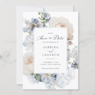 Dusty Blue Floral Elegant Roses Wedding Invitation