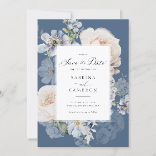 Dusty Blue Floral Elegant Roses Wedding Invitation