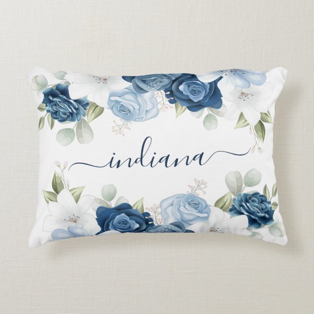 Dusty Blue Floral Elegant Script Monogram Accent Pillow (Front)