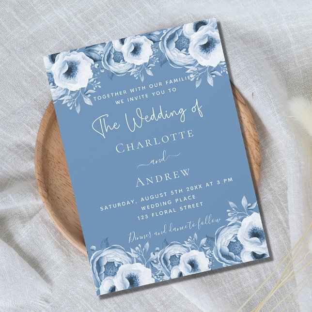 Dusty blue floral elegant script wedding invitation (Creator Uploaded)