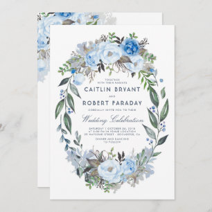 Dusty Blue Floral Elegant Watercolor Wedding Invitation