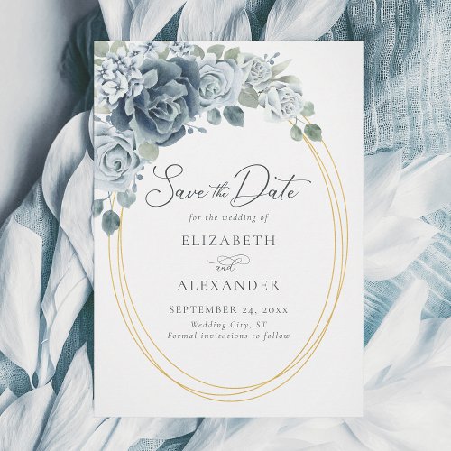 Dusty Blue Floral Elegant Watercolor Wedding Save The Date