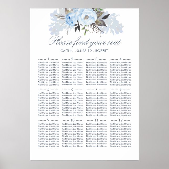 Dusty Blue Floral Elegant Wedding Seating Chart (Front)