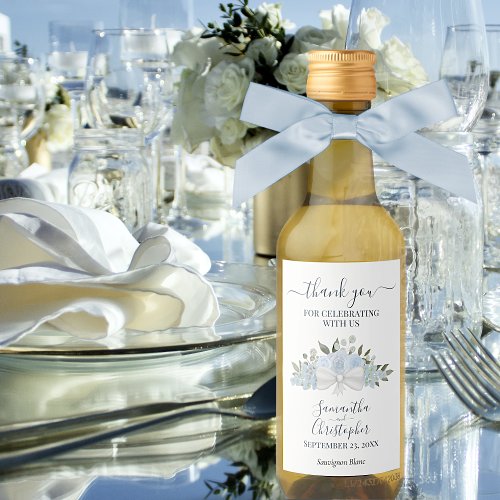 Dusty Blue Floral Elegant Wedding Thank You Mini Wine Label
