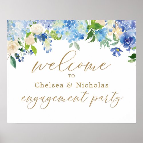 Dusty Blue Floral Engagement Party Welcome Poster