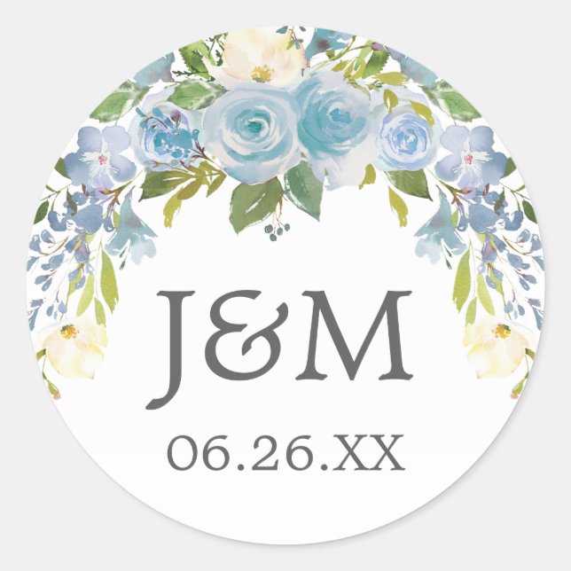 Dusty Blue Floral Envelope Seals - Favor Stickers (Front)