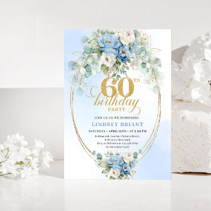 Dusty Blue Floral Eucalyptus 60th Birthday Invites