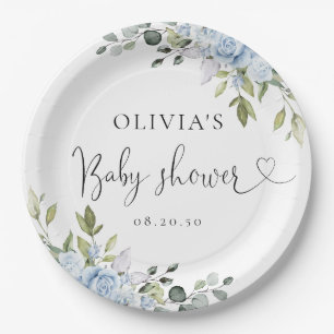 Dusty Blue Floral Eucalyptus Baby Shower Paper Plates