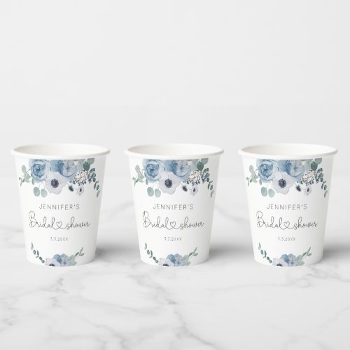Dusty blue floral eucalyptus bridal shower paper cups
