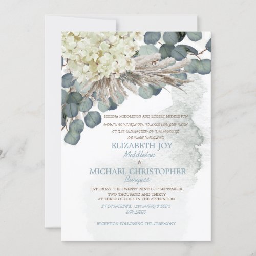 Dusty Blue Floral Eucalyptus Leave Elegant Wedding Invitation