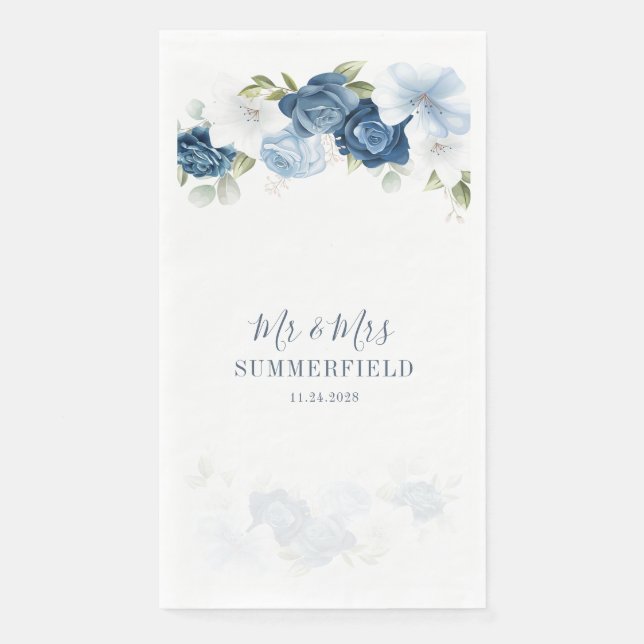 Dusty Blue Floral Eucalyptus Succulent Wedding Paper Guest Towels (Front)
