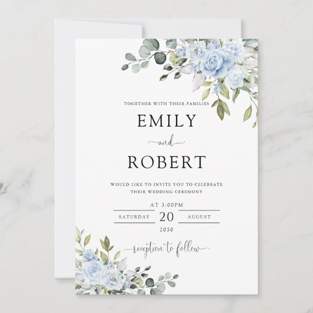 Dusty Blue Floral Eucalyptus Wedding Invitation (Front)