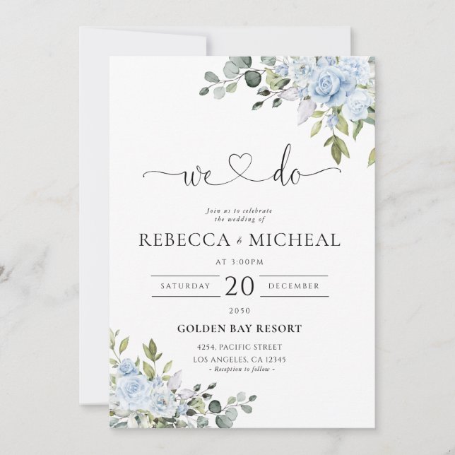 Dusty Blue Floral Eucalyptus Wedding Invitation (Front)