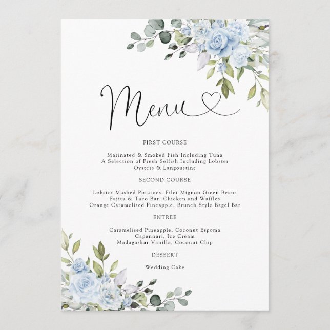 Dusty Blue Floral Eucalyptus Wedding Menu (Front)