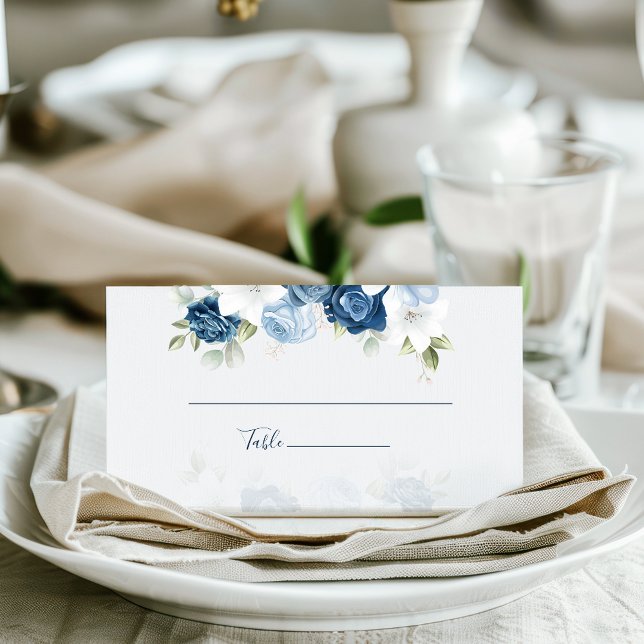 Dusty Blue Floral Eucalyptus Wedding Place Card (Dusty Blue Floral Wedding Table Place Card)