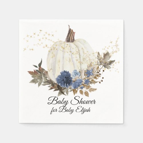 Dusty Blue Floral Fall Pumpkin Gold Baby Shower Napkins