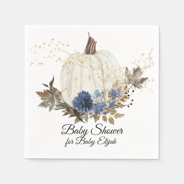 Dusty Blue Floral Fall Pumpkin Gold Baby Shower Napkins (Front)