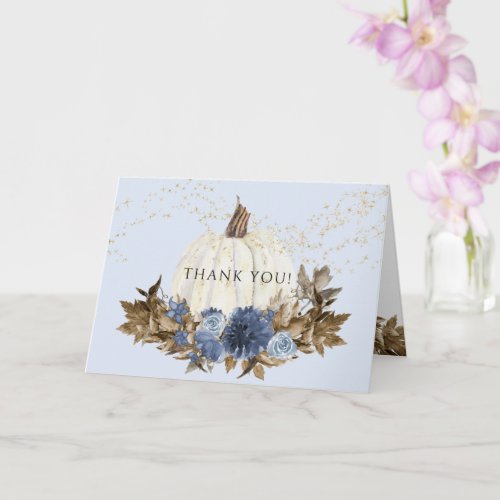 Dusty Blue Floral Fall Pumpkin Gold Star Thank You Card